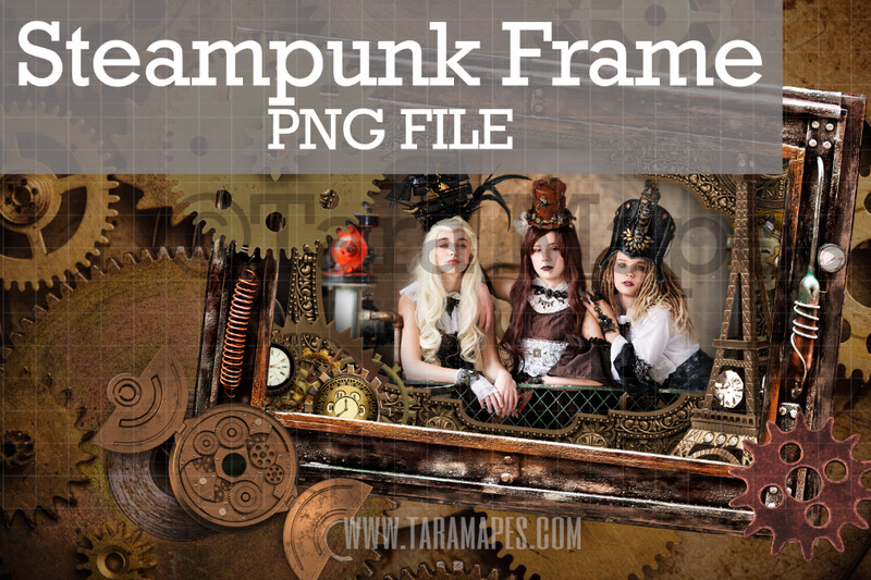 Steampunk Frame with Gears - PNG FILE with Transparent Background- Steam Punk Frame - Grunge Steam Punk Digital Frame Background