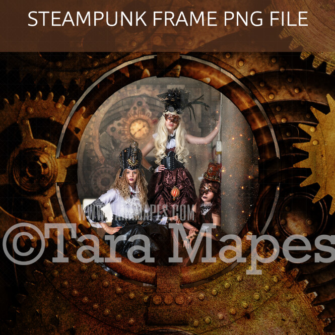 Steampunk Circle Frame with Gears - PNG FILE with Transparent Background- Steam Punk Frame - Grunge Steam Punk Digital Frame Background