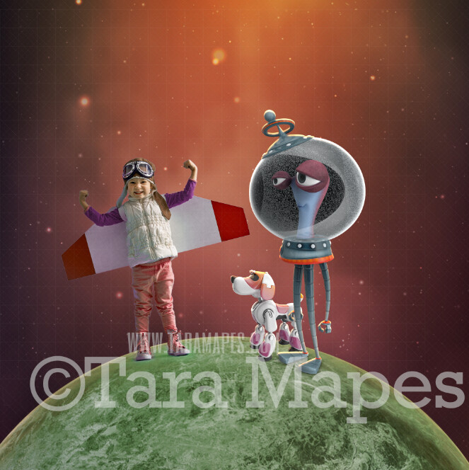 Space Digital Backdrop  - Alien on Planet - Alien with Robot Dog - Outerspace Galaxy Astronaut Space Galaxy Digital Background JPG FILE