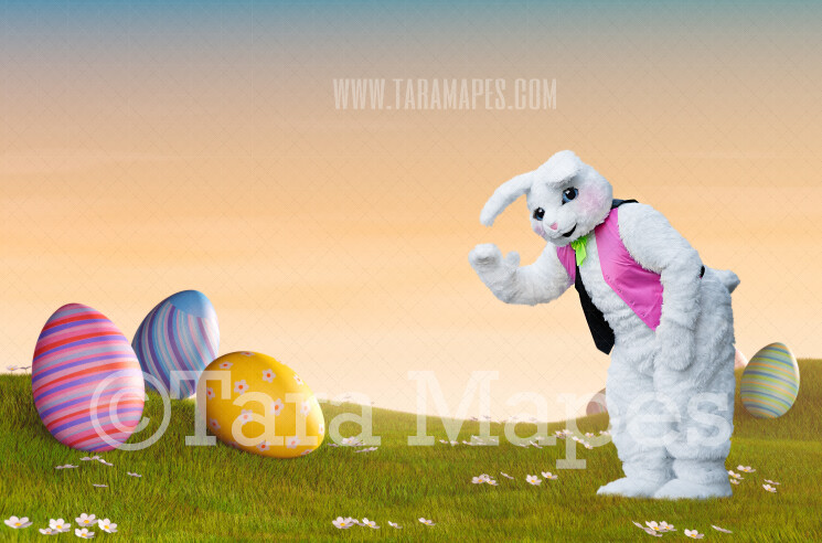 Easter Bunny Waving in Magical Egg Field- Easter Rabbit in Field JPG file - Photoshop Digital Background / Backdrop