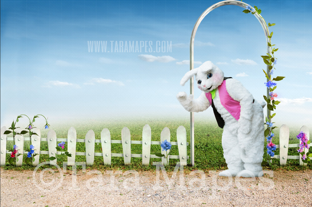 Easter Bunny Spring Scene White Picket Fence - Easter Bunny Drive - Easter Rabbit JPG file - Photoshop Digital Background / Backdrop