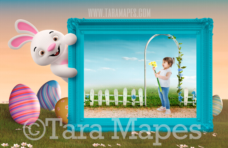 Easter Bunny With Frame -  White Picket Fence Magical Easter Land - Easter Frame - Easter Rabbit JPG file - Photoshop Digital Background / Backdrop