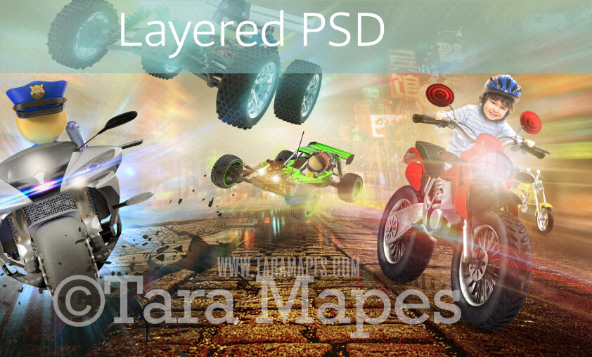 Video Game Toy Racing Motorcycle Digital Background / Backdrop LAYERED PSD