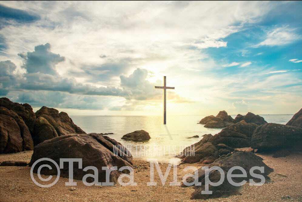 Easter Cross in Ocean - Religious Easter Digital Background - Holy Cross in Ocean by Beach - JPG file - Photoshop Digital Background / Backdrop
