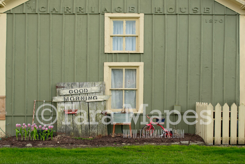 Carriage House Shop- Good Morning Shoppe - Primitive Storefront- Digital Background Backdrop -  JPG file Digital Background