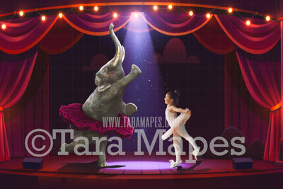 Elephant Ballerina - Baby Elephant in Tutu on Colorful Stage with Lights JPG File - Digital Background / Backdrop