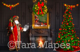 Victorian Santa with Magic by Fireplace  - Vintage Santa Scene - Painterly Christmas Background - Holiday Digital Background Backdrop