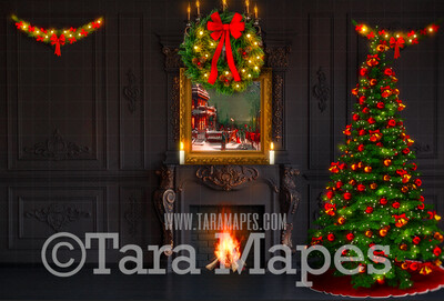 Vintage Christmas Room with Fireplace  - Vintage Holiday Scene - Painterly Christmas Background - Holiday Digital Background Backdrop