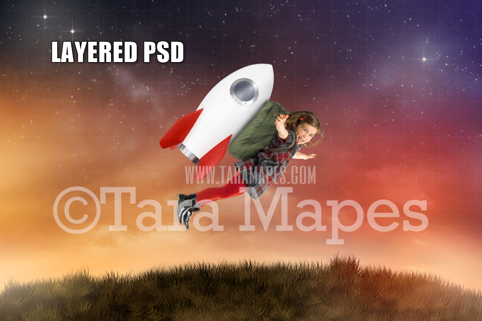 Space Digital Backdrop - Rocket Pack - Rocket Backpack on Hill - Astronaut -Space - Outer Space- Layered PSD Digital Background Backdrop