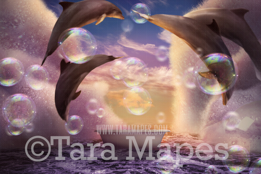 Bath tub in Ocean with Dolphins - Bubble Overlay included - Bubbles in Ocean Bathtub -JPG Digital Background Backdrop
