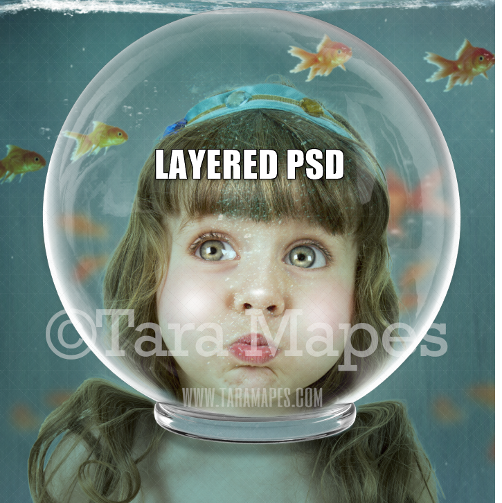 Fishbowl Face Under Water Digital Background Layered PSD - Fishbowl - Underwater - Funny Vintage Digital Background Backdrop