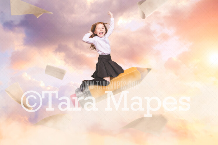 Pencil Rocket - Back to School Pencil Flying in Sky - Whimsical Magical JPG Digital Background Backdrop