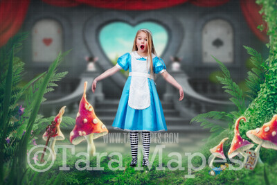 Alice in Wonderland Mushrooms - Wonderland Door with Playing Cards Hearts- JPG file Digital Background Backdrop