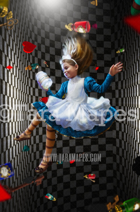 Alice Chess Tunnel -Wonderland Chess Tunnel with Keys, Drink Me, Cards - JPG file Digital Background Backdrop
