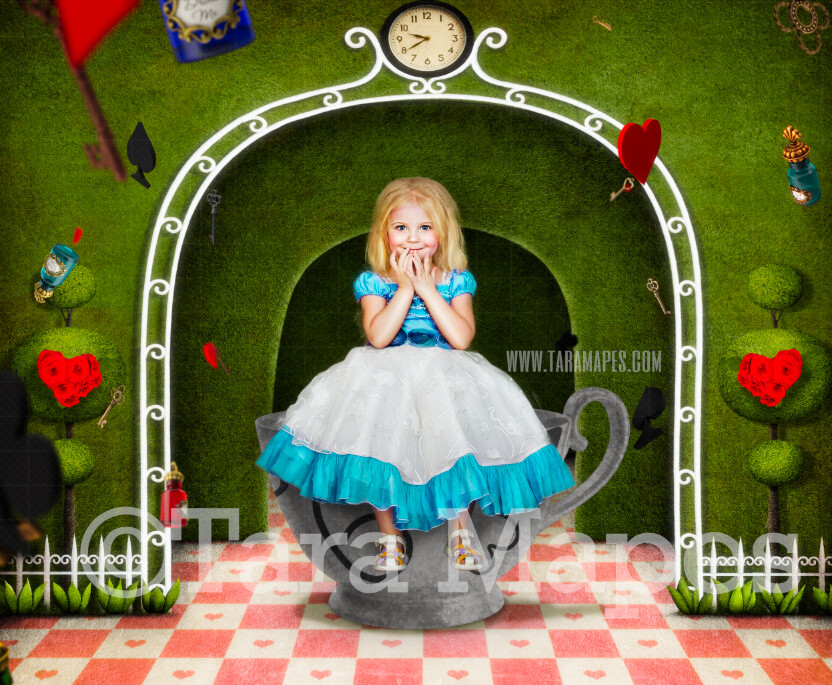 Alice in a Big Tea Cup  - Alice in Wonderland Garden - JPG file Digital Background Backdrop