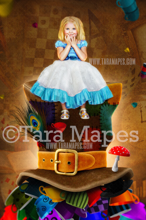 Alice in Wonderland Mad Hatter Digital Background  - Alice's Wonderland Colorful Hat with Teacups - JPG file Digital Background Backdrop