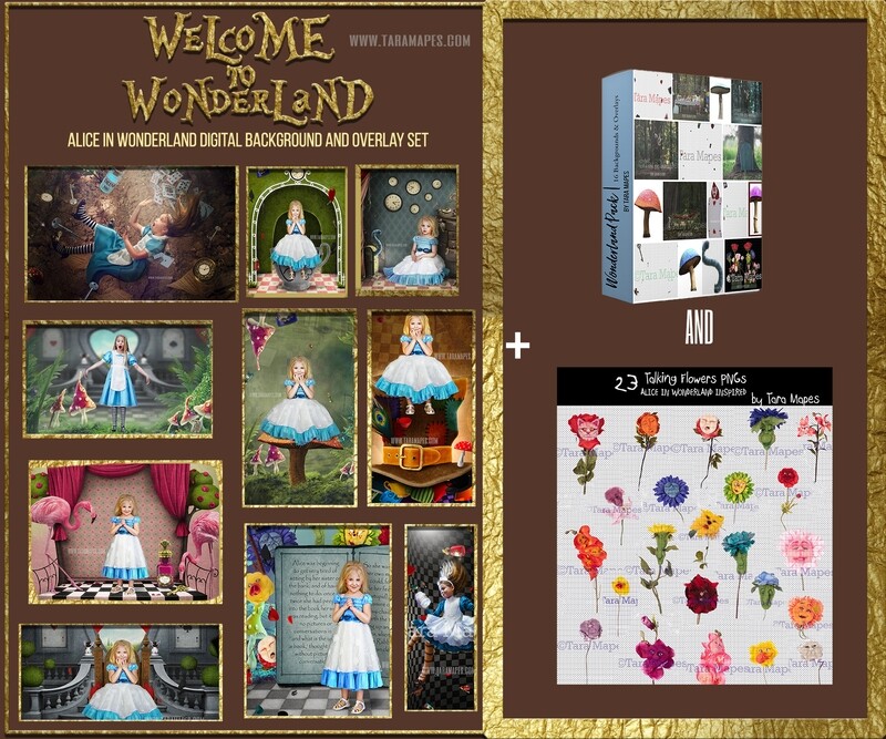 The ULTIMATE ALICE IN WONDERLAND Digital Background and Overlay Set by Tara Mapes - 16 Digital Backgrounds and 34 overlays Alice in Wonderland Inspired Digital Backgrounds and Overlays