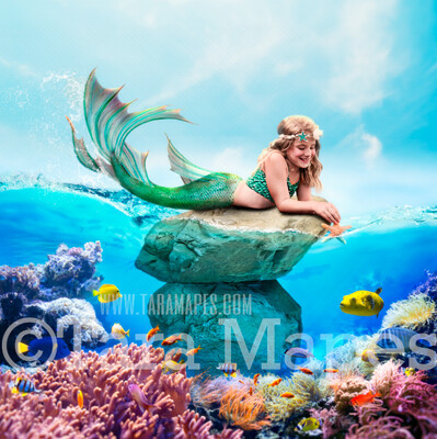 Mermaid Rock in Ocean with Fish - Underwater Mermaid Rock - Beautiful Mermaid Scene - JPG File Digital Background