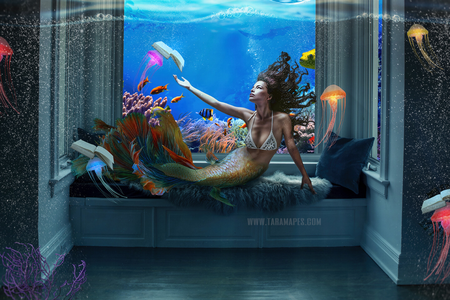 Mermaid Reading Room - Mermaid Room Underwater with Jelly Fish and Books- Layered PSD Mermaid Digital Background Backdrop - Separate Element Layers -Tail Layer is also Separate