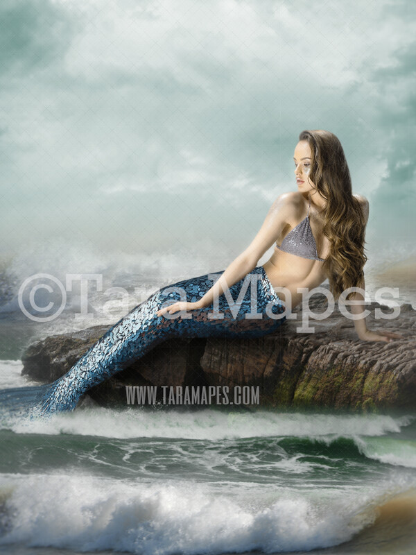 Mermaid Rock in Ocean Stormy Weather - Mermaid Rock  - Beautiful Mermaid Scene - JPG File Digital Background