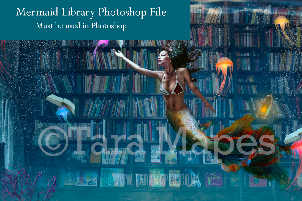 Mermaid Library  - Mermaid Book Room Underwater with Jelly Fish and Books-  Layered PSD Mermaid Digital Background Backdrop - Separate Element Layers -Tail Layer is also Separate