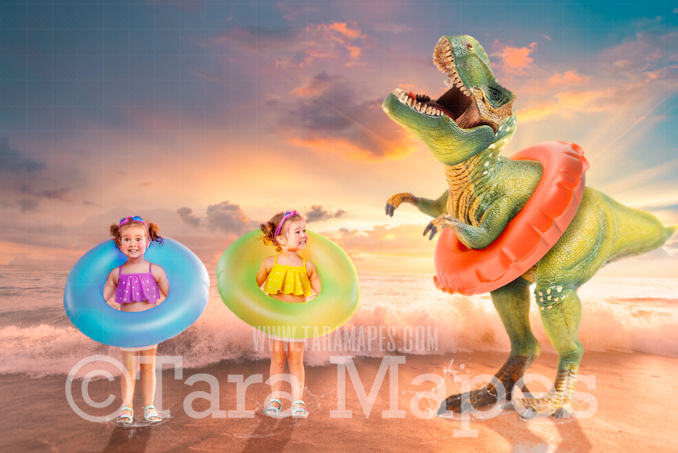 Dino Beach - Dinosaur on Beach - T-Rex on Beach with Swim Ring Funny Digital Background JPG file