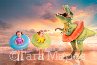 Dino Beach - Dinosaur on Beach - T-Rex on Beach with Swim Ring Funny Digital Background JPG file