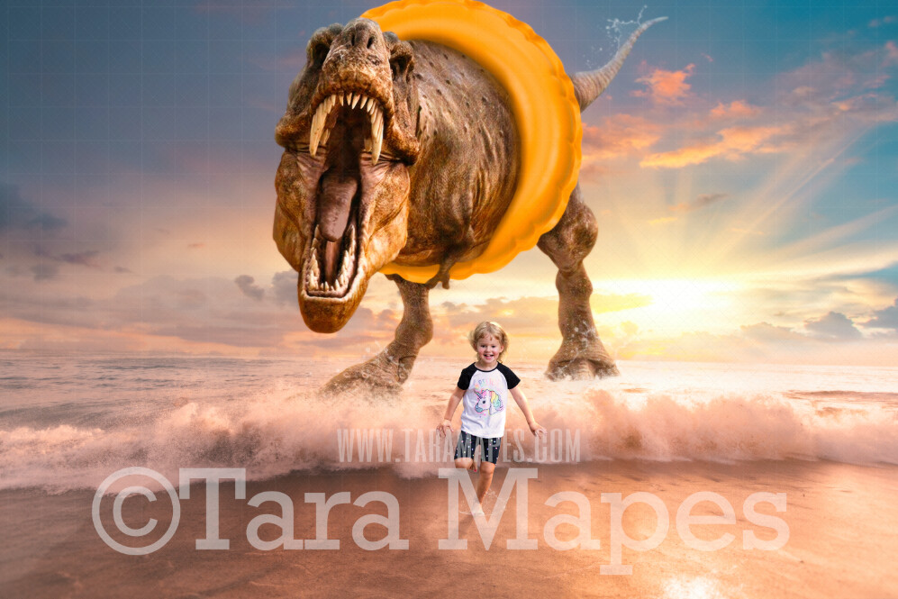 Dino Beach - Dinosaur Chase on Beach - T-Rex on Beach with Swim Ring Funny Digital Background JPG file