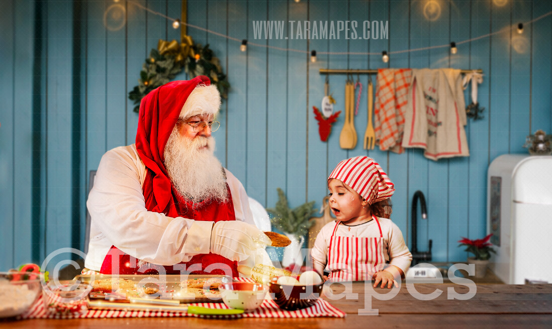 Baking Cookies with Santa - Blue Christmas Kitchen with Santa - Christmas Holiday Digital Background Backdrop FREE SPARKLES OVERLAY INCLUDED