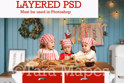 Blue Christmas Kitchen - Christmas Kitchen Island - Layered PSD Digital Background Backdrop
