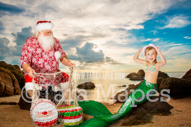 Mermaid Digital Backdrop- Christmas Mermaid Digital Background - Santa on Beach - Mermaid Tail - Mermaid Rock