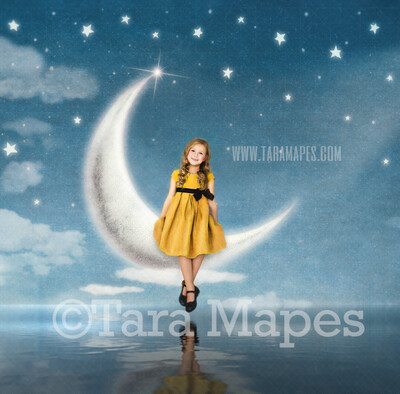 Moon Seat Digital Background - Sitting on the Moon Scene - Whimsical Crescent Moon Over Ocean Digital Background JPG file