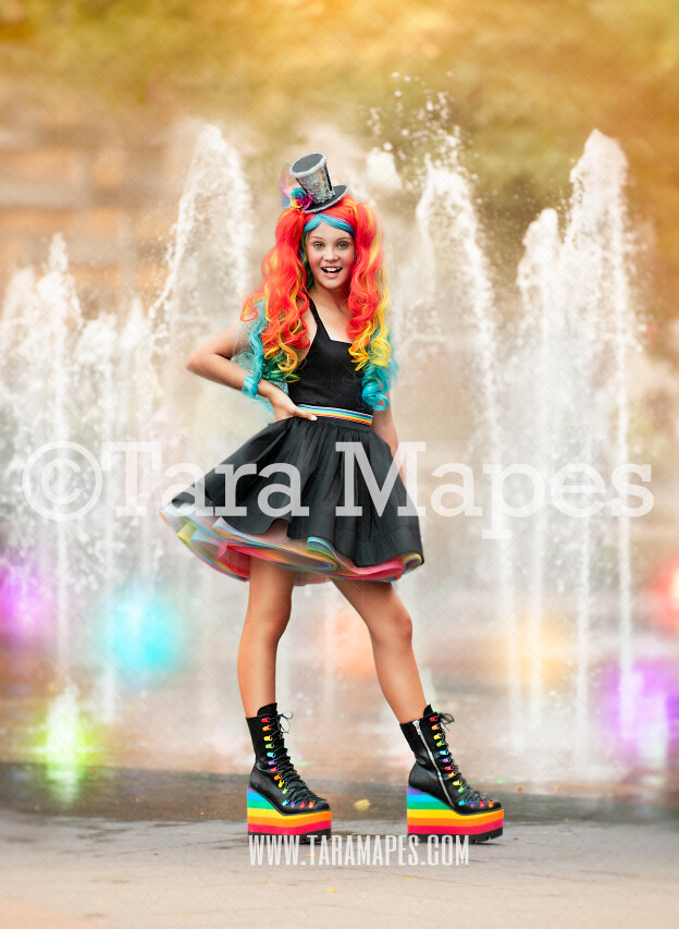 Fountain Digital Background Backdrop - Colorful City Water Fountain with Lights for Portraits Digital Background
