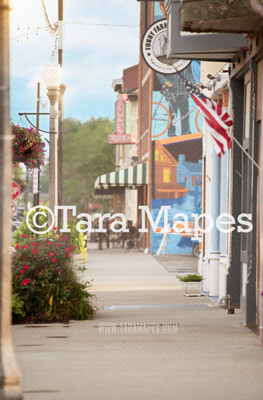 City Digital Backdrop- City Sidewalk with Flowers and Shops Digital Background