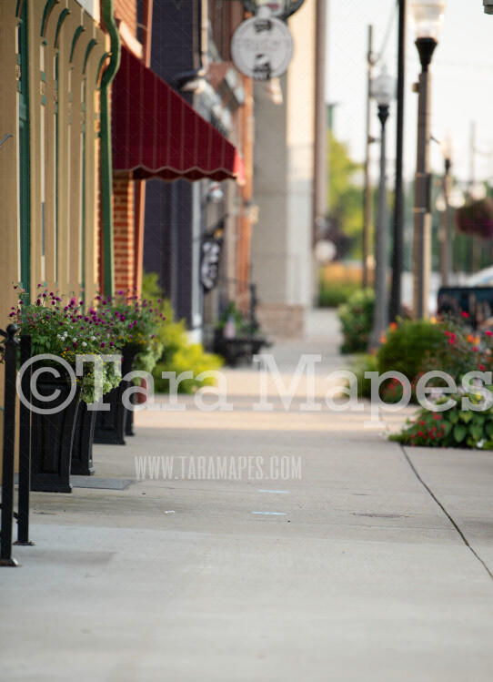 City Digital Backdrop- City Sidewalk with Flowers and Shops Digital Background