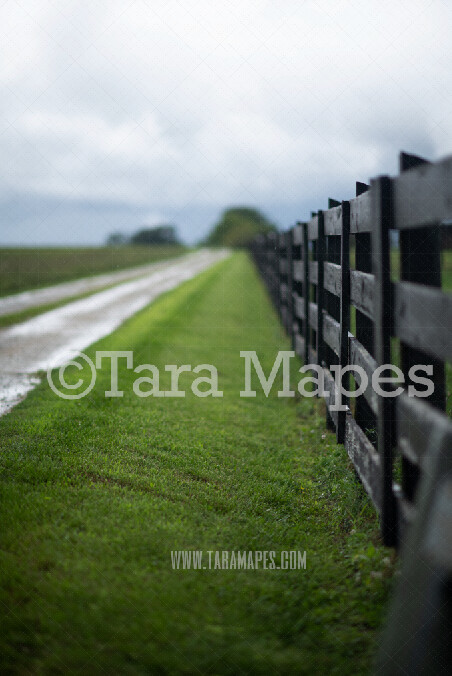 Country Fence on Dirt Road Digital Background- Stormy Country Road Digital Backdrop