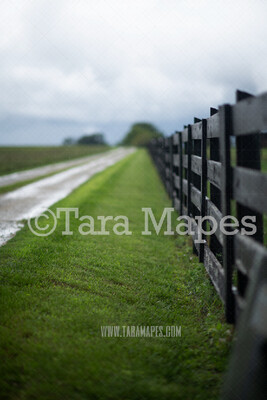 Country Fence on Dirt Road Digital Background-  Stormy  Country Road Digital Backdrop