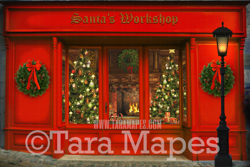 Christmas Digital Background - Santa's Workshop - Christmas Shop in Christmas Town- Holiday Christmas Street - Christmas Town Winter Wonderland - FREE SNOW OVERLAY included - Storefront