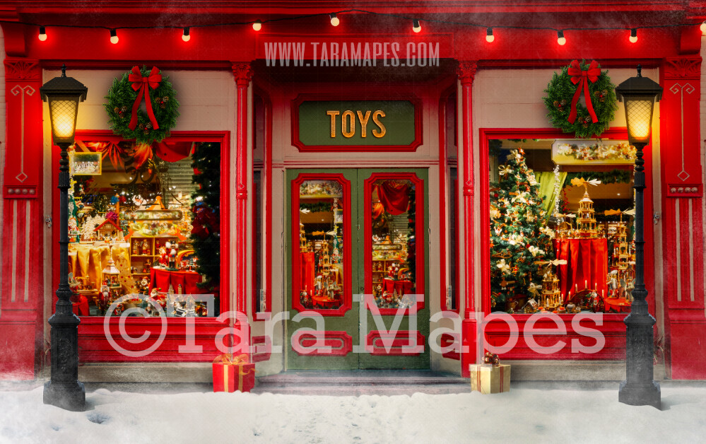 Christmas Digital Background - Christmas Toy Shop - Christmas Shop in Christmas Town- Holiday Christmas Street - Santa Toy Shop Workshop - FREE SNOW OVERLAY included - Storefront