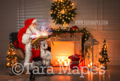 Santa Reading Magic Book by Fireplace  - Painterly Santa Scene - Painterly Christmas Background - Holiday Digital Background Backdrop