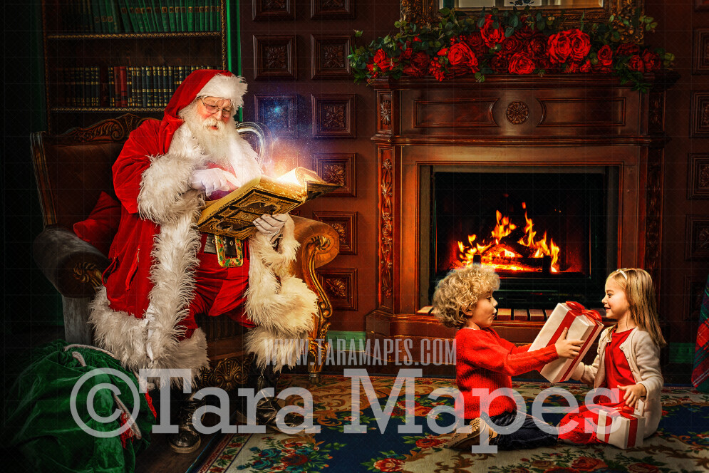 Santa Reading Book in Chair by Fireplace - Santa with Magic Book - Cozy Christmas Holiday Digital Background Backdrop