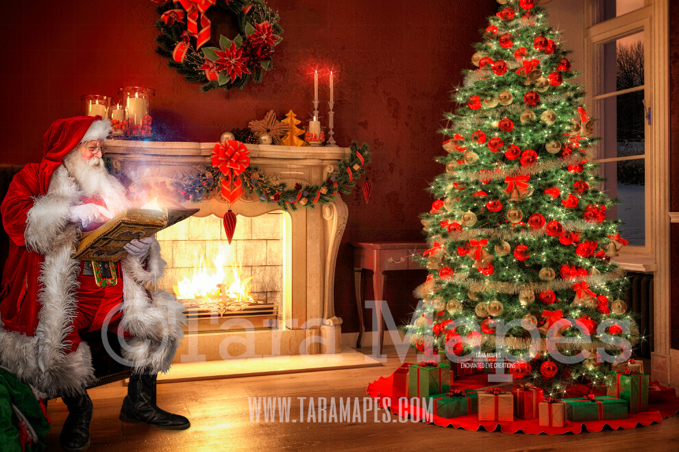 Santa Reading Book by Fireplace - Santa Reading Magic Book Christmas Digital Background Backdrop