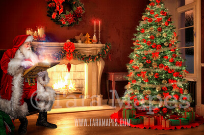 Santa Reading Book by Fireplace  - Santa Reading Magic Book Christmas Digital Background Backdrop