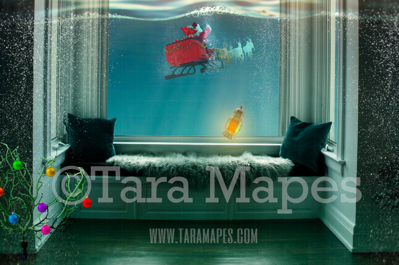 Mermaid Christmas Window - Santa Sleigh in Ocean at Underwater Window - Mermaid Digital Background Backdrop JPG