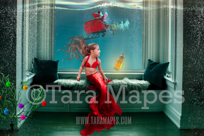 Christmas Window Seat with Mermaid Tail  - Santa in Ocean at Underwater Magical Window - Mermaid  Digital Background Backdrop JPG