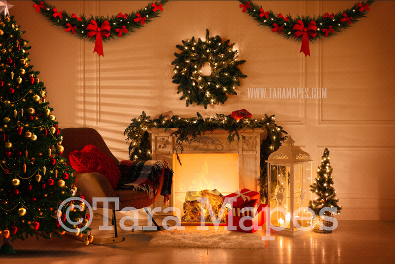 Cozy Christmas Room with Fireplace  - Vintage Holiday Scene - Christmas Background - Holiday Digital Background Backdrop