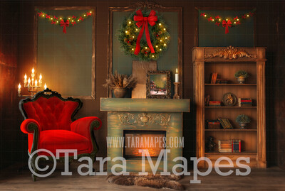 Vintage Christmas Room with Fireplace  - Vintage Holiday Scene - Christmas Background - Holiday Digital Background Backdrop