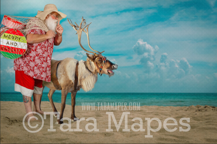 Beach Santa Digital Background - Beach Santa with Reindeer on Beach - Warm Christmas Beach - Beach Christmas Holiday Digital Background Backdrop