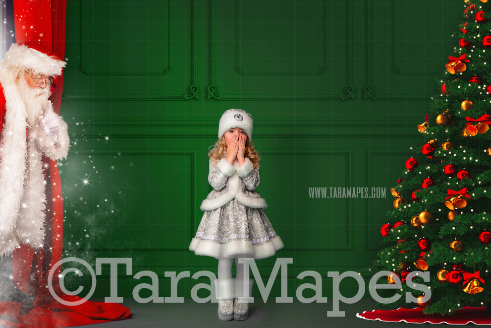 Christmas Digital Backdrop - Santa Peeking in Window - Santa in Green Christmas Room - Christmas Background - Holiday Digital Background Backdrop