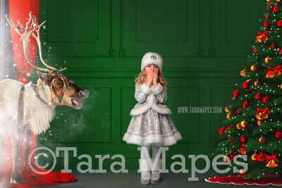 Green Christmas Room with Reindeer  - Vintage Holiday Scene Magic Window and Christmas Tree - Christmas Background - Holiday Digital Background Backdrop